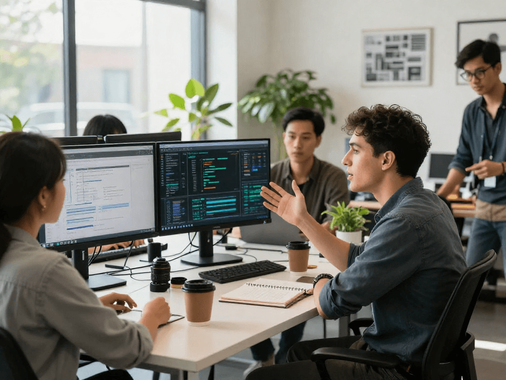 Engaged team using spicy ai in a modern workspace to enhance collaboration and creativity.