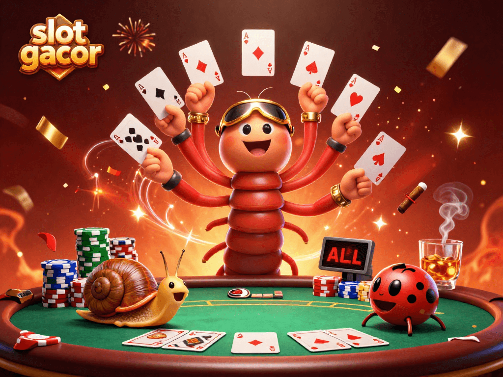 Experience the thrill of slot gacor with vibrant characters dealing and celebrating wins at a poker table.