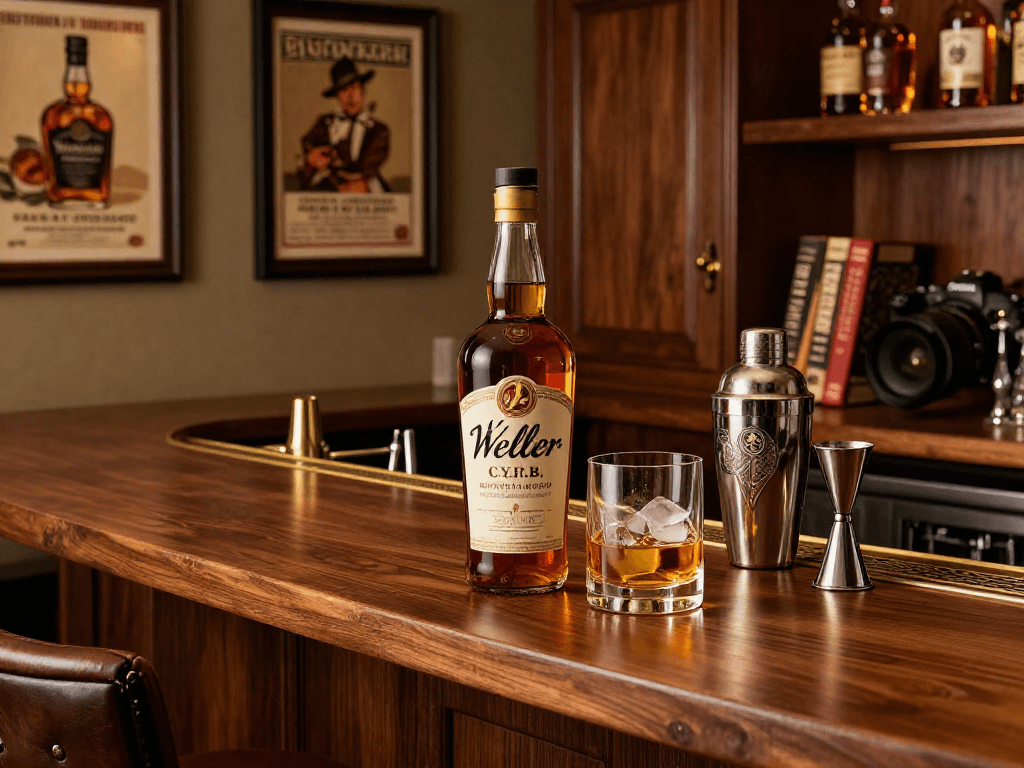 Weller CYPB Bourbon bottle with a glass on a stylish home bar.