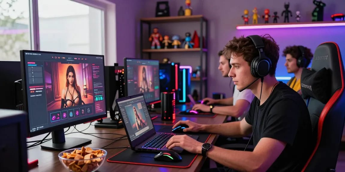 Engaging adults playing real porn games online in a vibrant gaming hub.