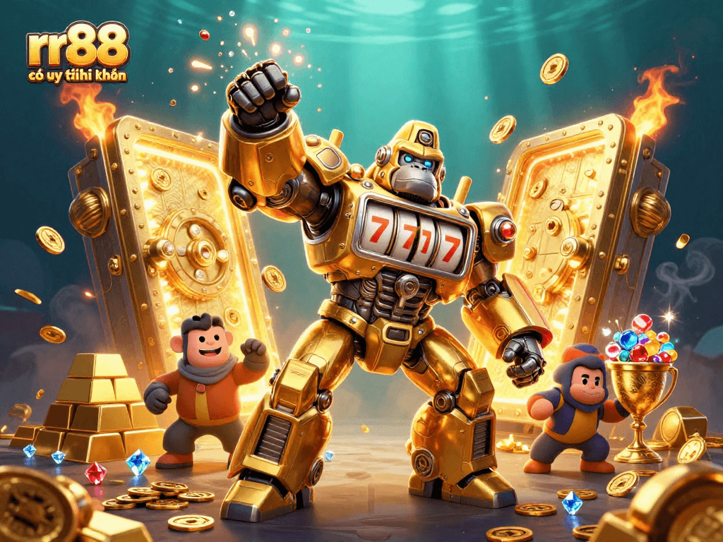 Experience the excitement of rr88 có uy tín không with a vibrant 3D illustration of a golden gorilla mech in a casino-themed setting.
