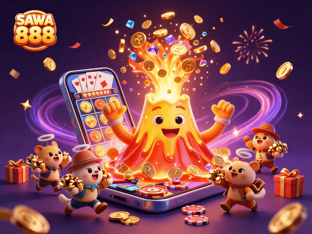 Experience excitement with SAWA 888 as golden coins erupt from a volcano alongside thrilling slot games and treasures.