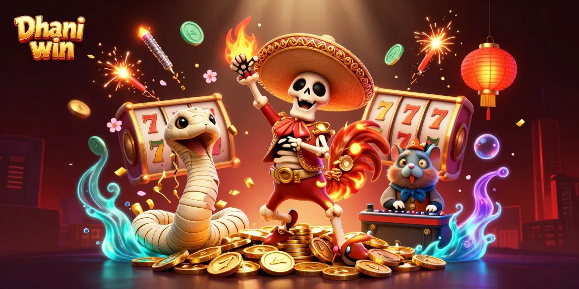 Dhani win platform showcases a vibrant celebration of gaming with festive elements and characters, highlighting active gameplay.