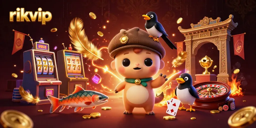 Experience the thrill of rikvip in a playful casino scene with Nessie and friends amidst vibrant games.