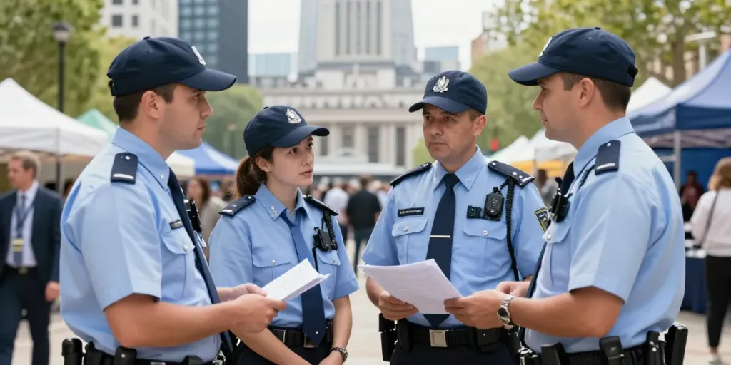 Corporate Security professionals discussing strategy near landmark in London, delivering reliable service.
