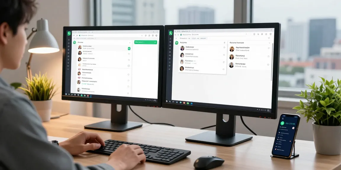 Engaging with WhatsApp電腦版 on a modern desktop setup with dual monitors and city view.