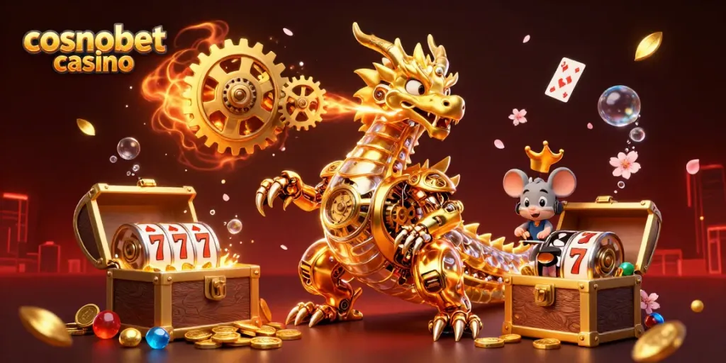 Experience the thrill of cosmobet casino with a golden dragon and dynamic gaming elements.