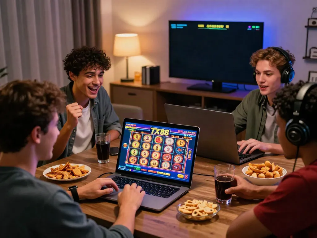 Friends enjoying a lively session on TX88 online gambling platform during a game night.