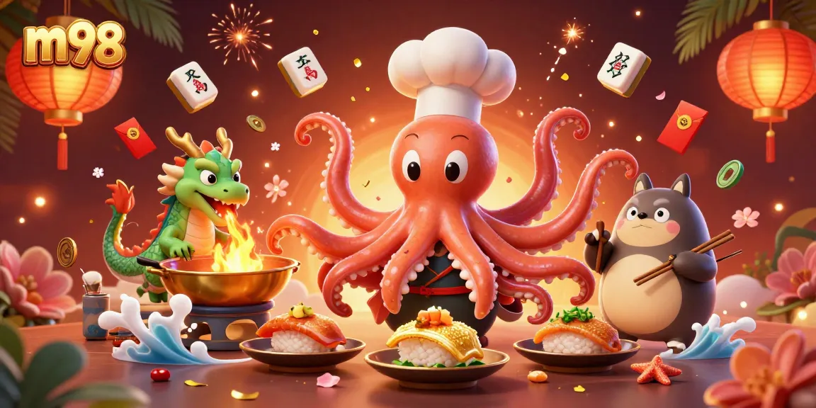 Watch the m98 octopus chef creating varied dishes in a vibrant casino-themed feast.