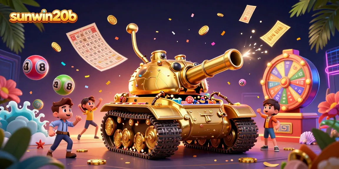 Experience the excitement of sunwin20b with a vibrant casino scene featuring colorful lottery elements and golden prizes.