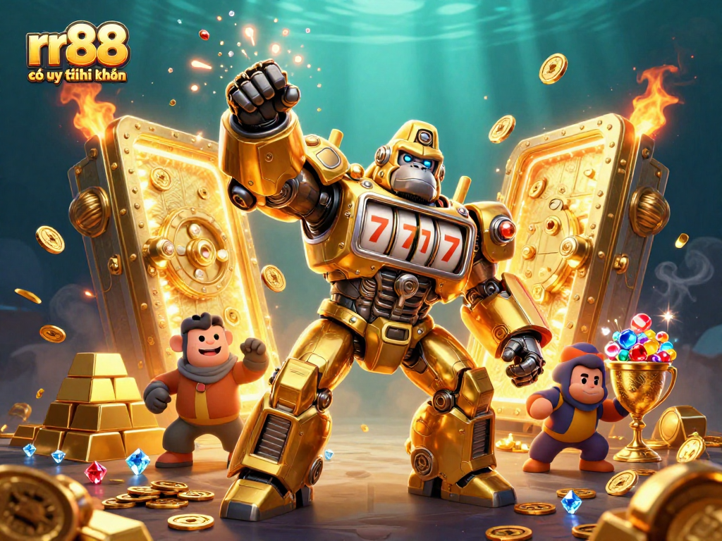 Experience the excitement of rr88 có uy tín không with a vibrant 3D illustration of a golden gorilla mech in a casino-themed setting.