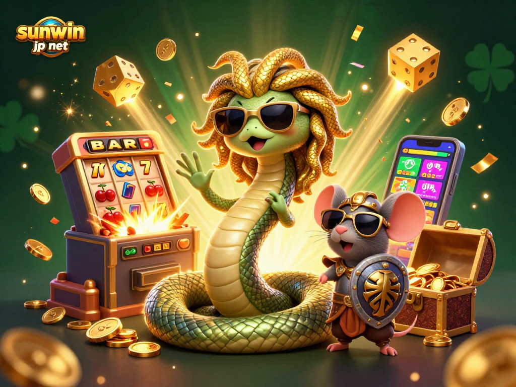Spin the reels at sunwin jp net with Medusa and a warrior mouse in this vibrant casino illustration