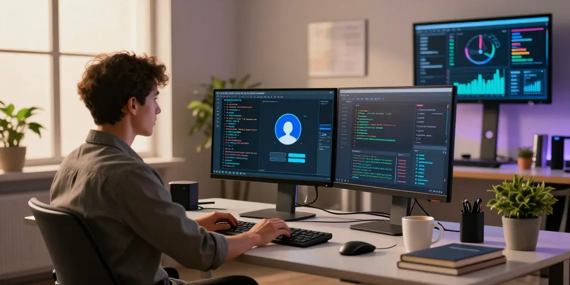 Developer using an AI assistant for programming in a modern tech workspace