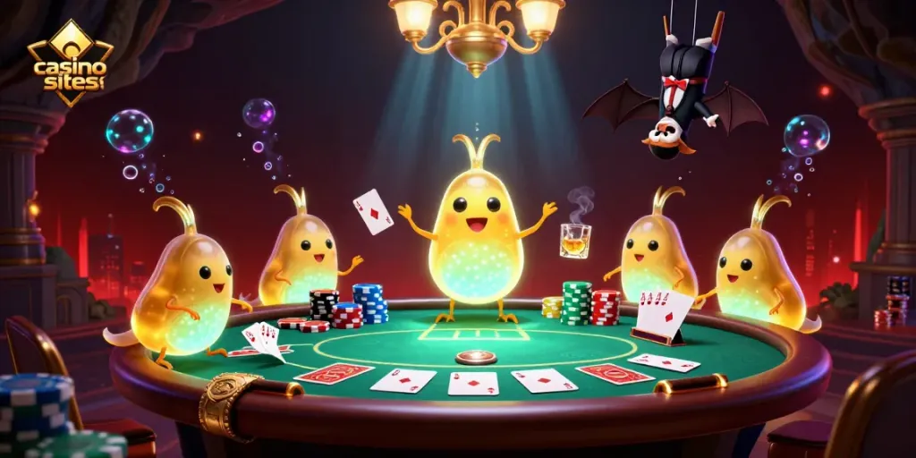 Experience the vibrant energy of casino sites with luminescent glowworms and a bat dealer in a fantasy setting.
