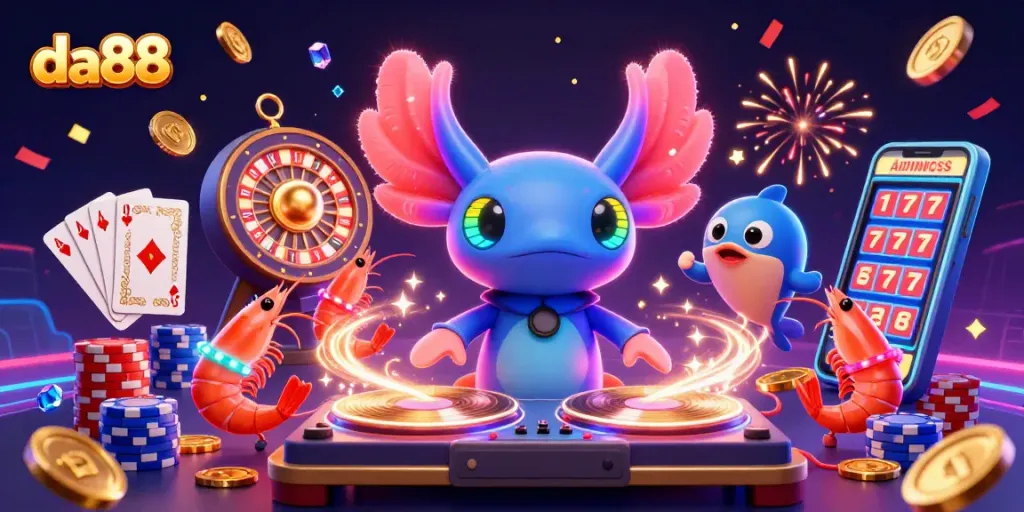 Join the da88 fun with vibrant axolotl DJ and dancing shrimp at an electrifying underwater casino!