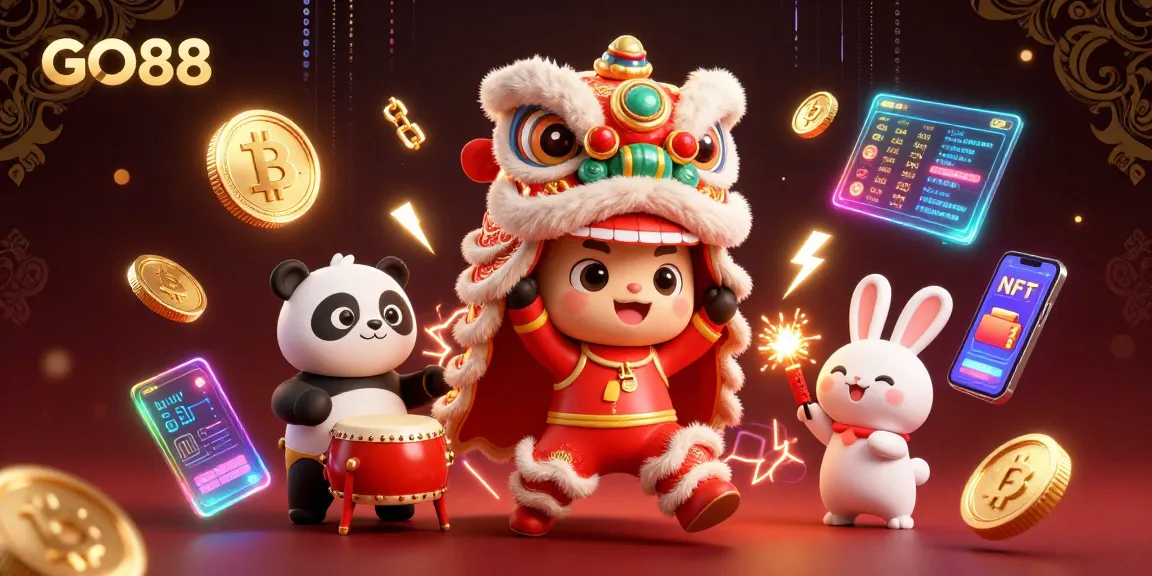 Experience GO88's exciting game atmosphere with a colorful lion dance and cryptocurrency elements.