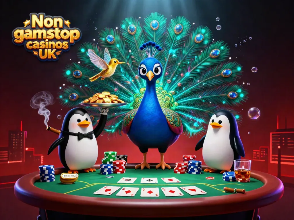 Showcase of vibrant Non gamstop casinos UK scene with dynamic characters and poker elements