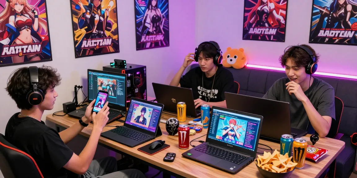 Group of friends enjoying HTML ecchi games in a lively gaming lounge.