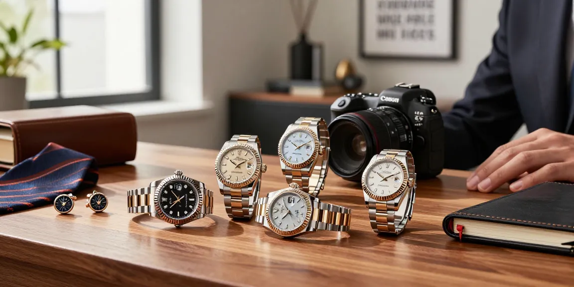 Stylish individual presenting Rolex super clone watches in an elegant setting, highlighting luxury craftsmanship and design.