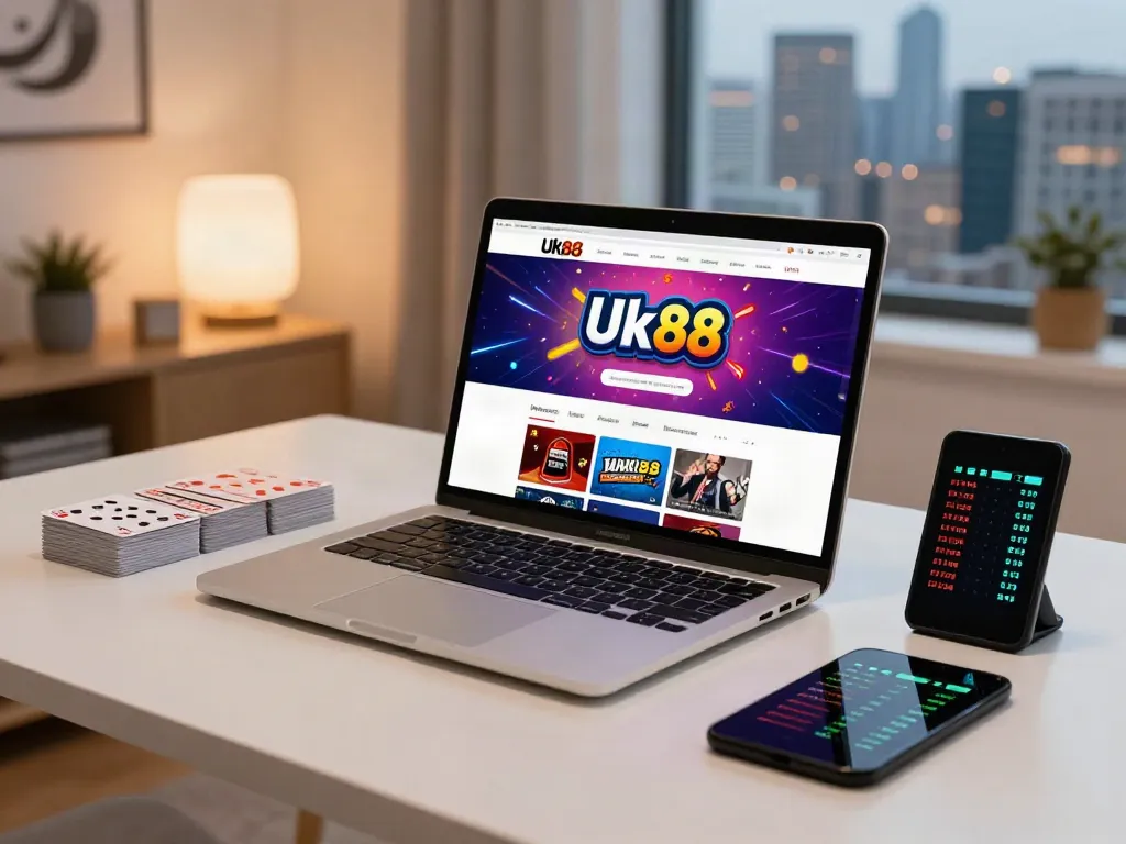 Exciting online betting experience with Uk88 on laptop and smartphone in a modern office.