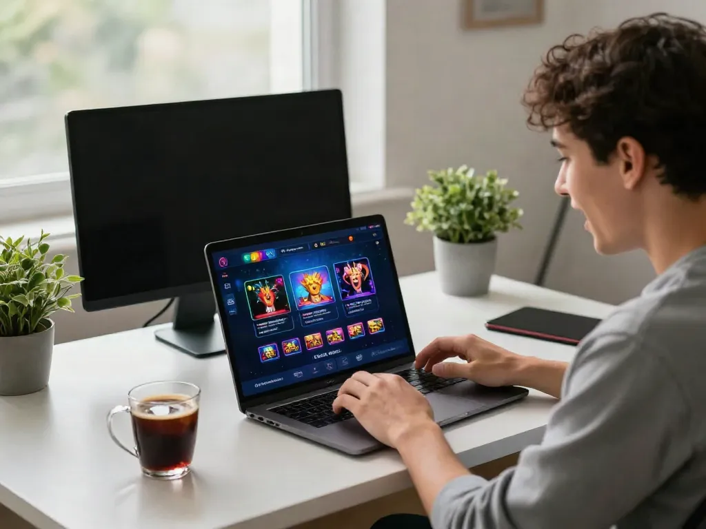 Engaged player exploring credit card casinos UK on a modern laptop in a stylish office.