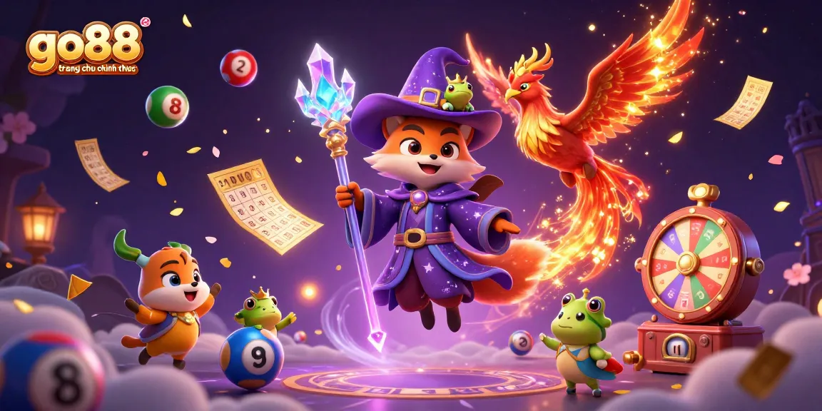 This colorful illustration highlights the go88 trang chu chinh thuc theme with mystical characters and exciting lottery elements.