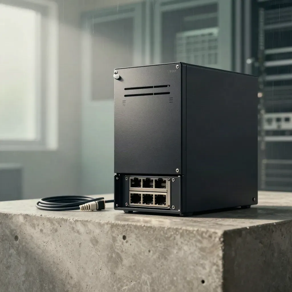 Matte-black firewall appliance with security hardware on a misty studio surface