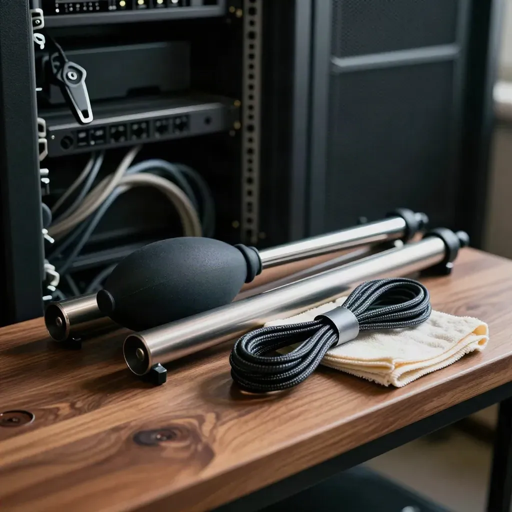 SSD caddies, dust blower and cable ties on a walnut bench beside blurred server racks.