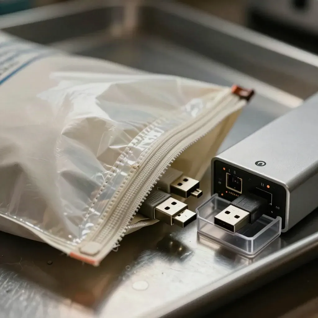 Macro forensic bag, hardware write blocker and USB adapters on a steel tray