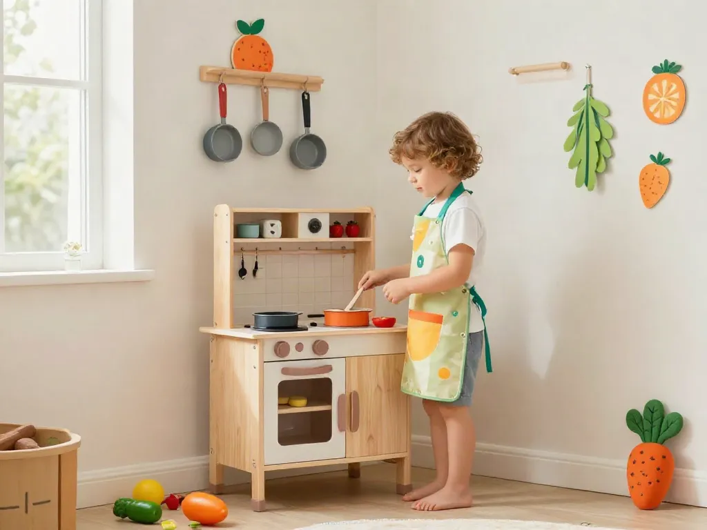 Child playing with a toy kitchen, surrounded by vibrant play food and a joyful atmosphere.