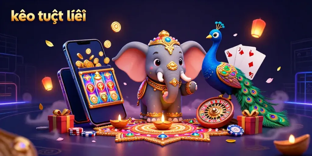 Experience thrilling kèo trực tuyến action with colorful elements centering around a vibrant elephant in a casino scene.