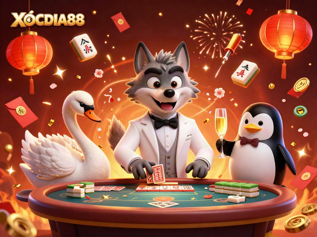 Experience thrilling gameplay at XOCDIA88 with a dynamic 3D illustration showcasing a baccarat scene with colorful casino elements.