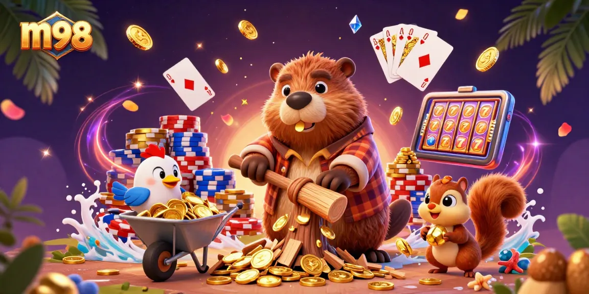 Experience m98's thrilling slots with a beaver and friends collecting golden coins.