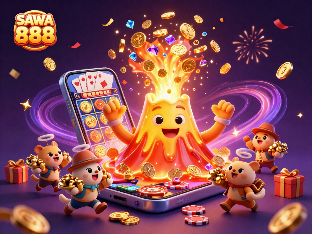 Experience excitement with SAWA 888 as golden coins erupt from a volcano alongside thrilling slot games and treasures.