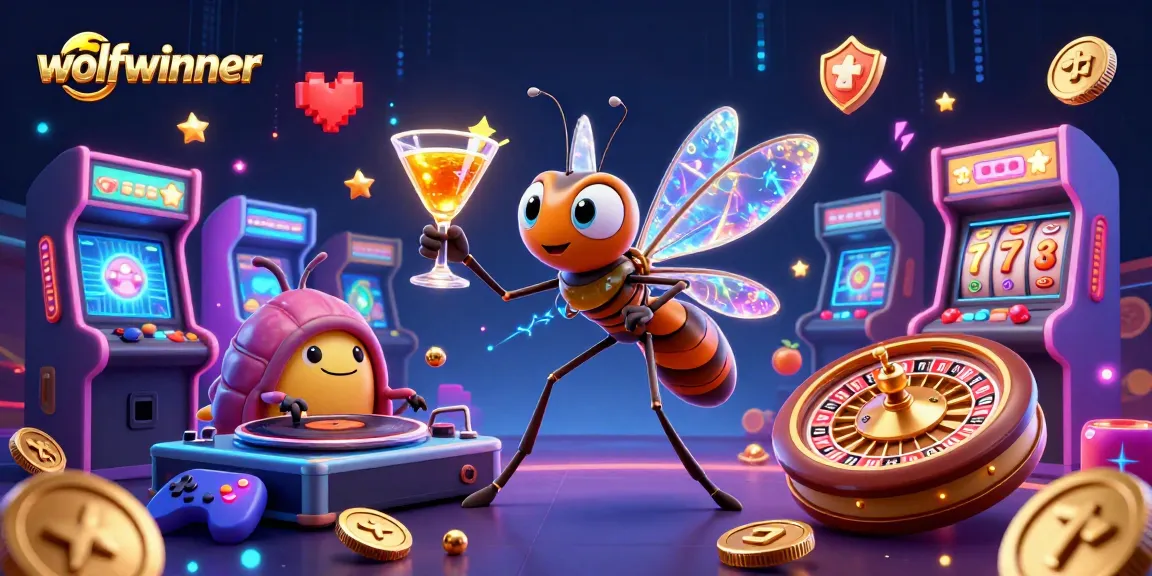 wolfwinner casino illustration featuring a frozen-in-amber mosquito and trilobite DJ amidst vibrant gaming elements.