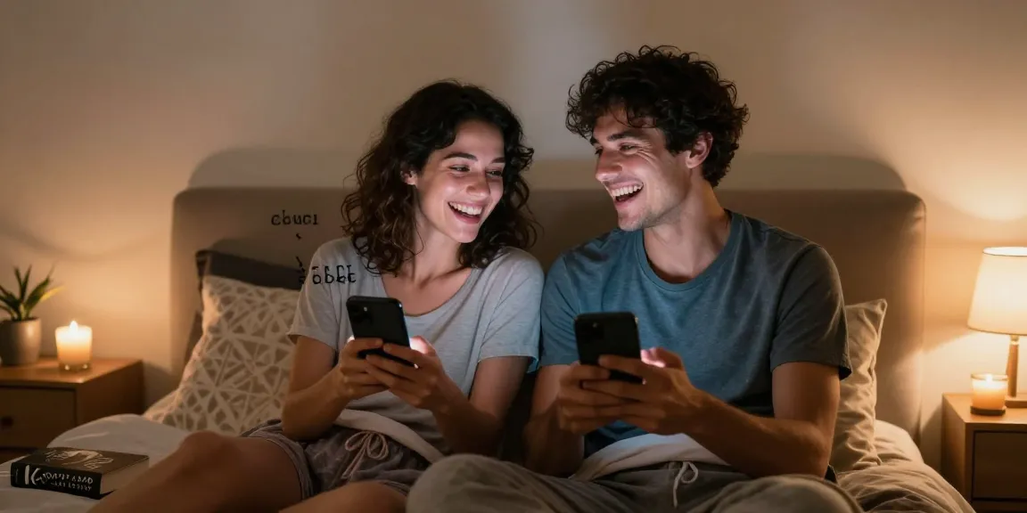 Couple engaged in playful AI sexting in cozy bedroom setting, showcasing digital intimacy.
