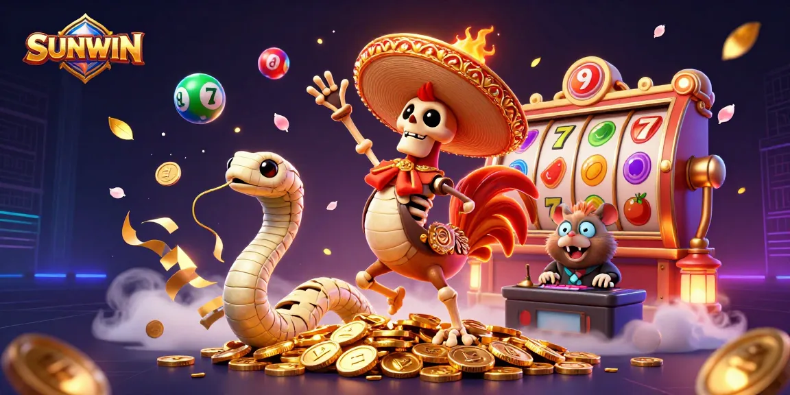SUNWIN showcases a playful victory dance of a mariachi rooster amidst colorful lottery elements in a vibrant casino scene.
