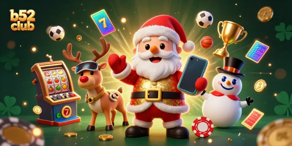Play jackpot slots at b52 club with Santa Claus, a dealer reindeer, and a poker-chip snowman