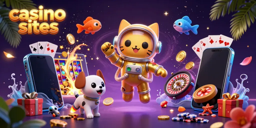 Experience the thrill of casino sites with a vibrant scene of a space cat and robot dog among casino elements.