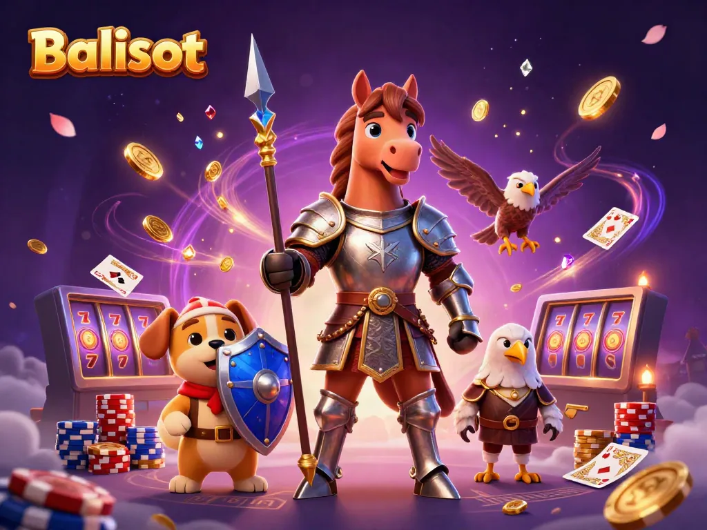 Balislot offers an exciting gaming experience with a cartoon knight and puppy amidst slot machine elements and sparkling treasures.