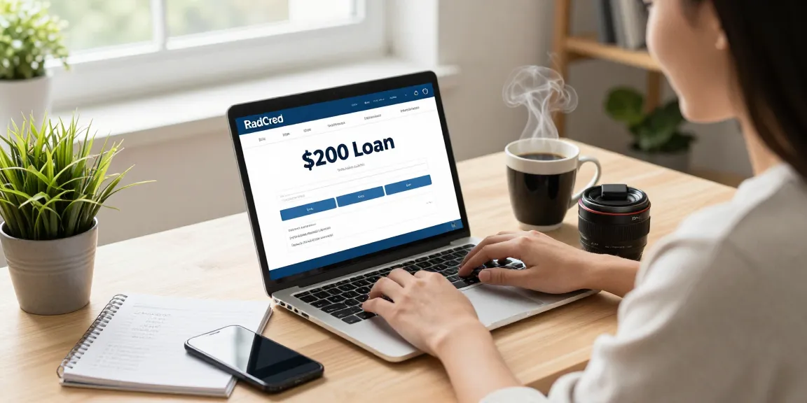 Applying for a $200 loan online with RadCred at home, showcasing a cozy desk setup.