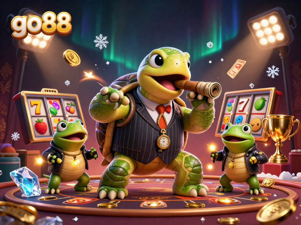 Experience the excitement of go 88 with a colorful cartoon scene of characters amidst slot reels and jackpot elements.