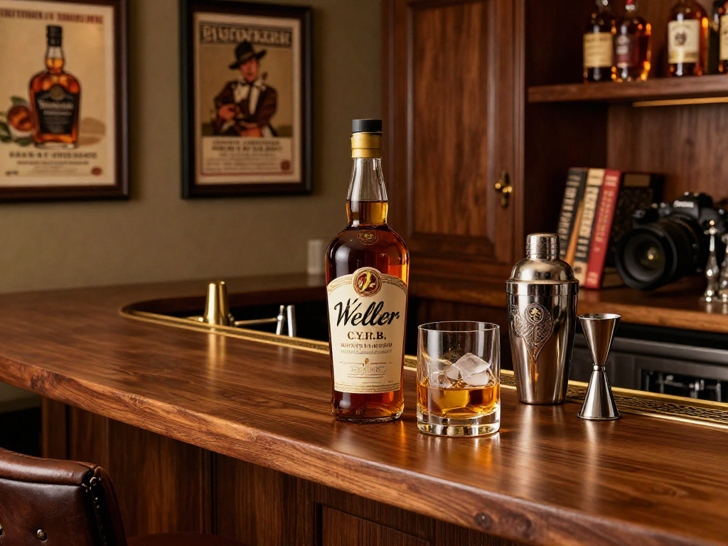 Weller CYPB Bourbon bottle with a glass on a stylish home bar.