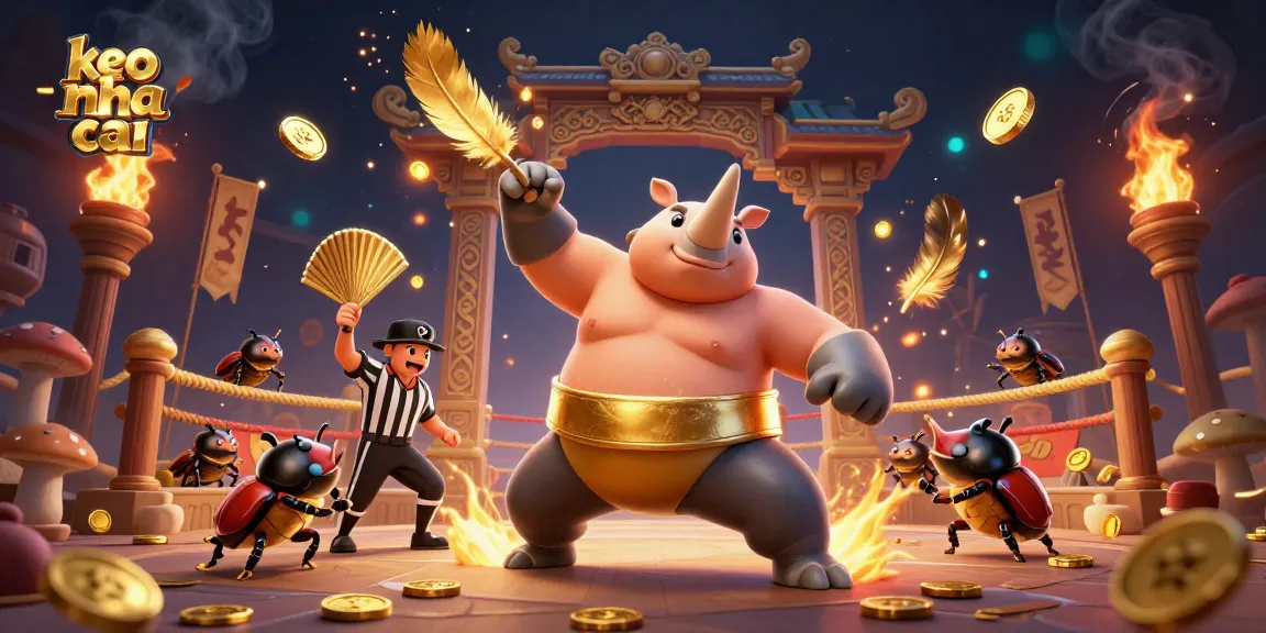 Engage in keo nha cai betting as a rhinoceros beetle champion stomps, sending coins flying in a vibrant arena.