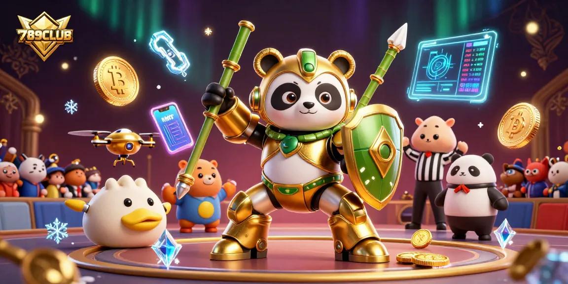 Engage in thrilling gameplay at 789CLUB with this vibrant 3D casino illustration featuring unique characters and crypto elements.