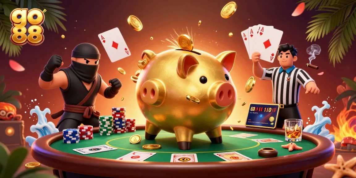 Experience thrilling action at go 88 with a vibrant 3D casino illustration of a piggy bank sumo wrestler and poker elements.